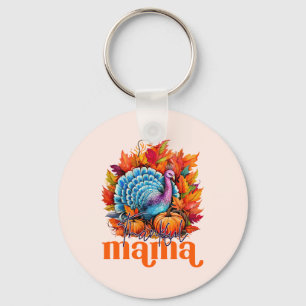 Thankful Mama Turkey and Autumn Leaves Foliage Key Ring