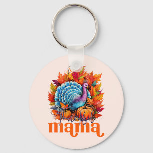 Thankful Mama Turkey and Autumn Leaves Foliage Key Ring