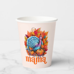 Thankful Mama Turkey and Autumn Leaves Foliage Paper Cups