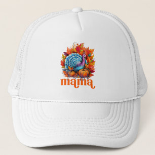 Thankful Mama Turkey and Autumn Leaves Foliage Trucker Hat