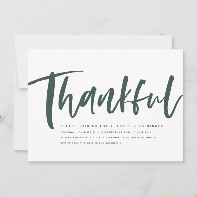 Thankful modern green Thanksgiving invitation (Front)