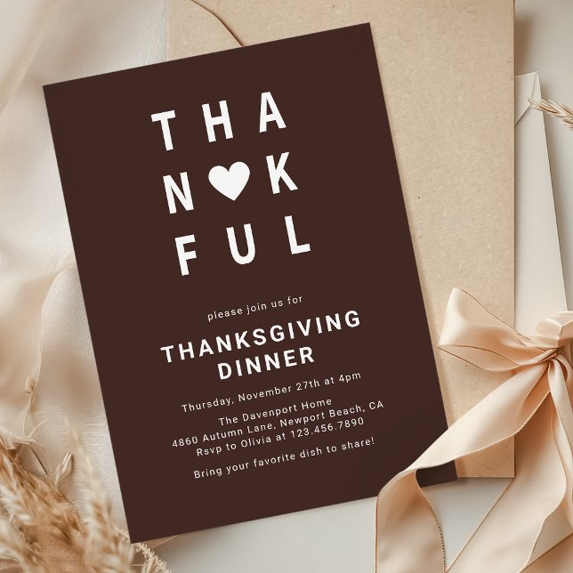 Thankful Modern Minimalist Thanksgiving Dinner Invitation (Creator Uploaded)