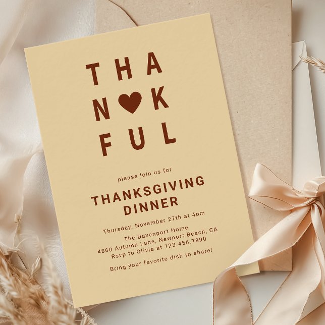 Thankful Modern Minimalist Thanksgiving Dinner Invitation (Creator Uploaded)