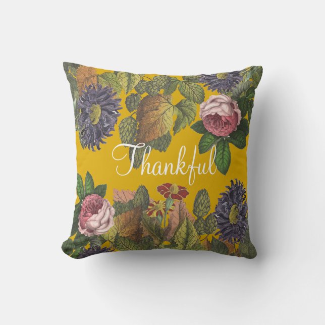 Thankful Modern Vintage Flowers on Mustard Yellow Cushion (Front)