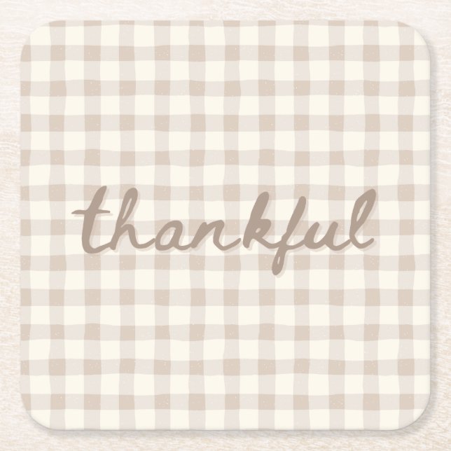 Thankful Neutral Tan Gingham  Square Paper Coaster (Front)