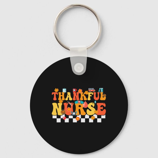 Thankful Nurse Retro Groovy Thanksgiving Fall RN W Key Ring (Front)