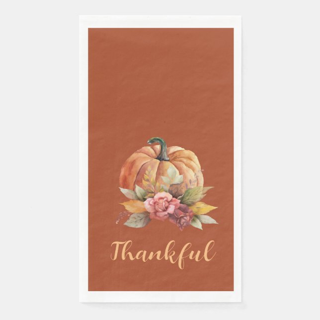Thankful Orange Pumpkin Fall Autumn Thanksgiving Napkin (Front)