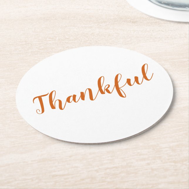 Thankful orange spice script cute thanksgiving round paper coaster (Angled)
