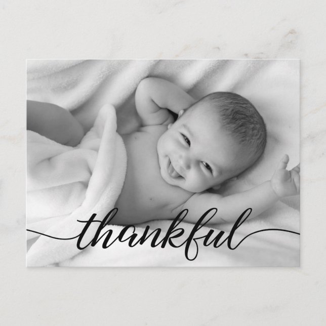 "Thankful" Personalised Baby Photo Thank You Postc Announcement Postcard (Front)