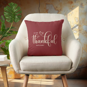 Thankful Personalised Family Name Burgundy Cushion