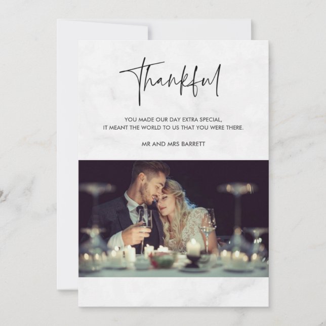 Thankful Photo Grey Marble Wedding Thank You Card (Front)