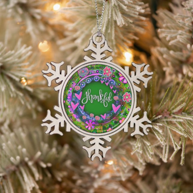 Thankful Pink Hearts Floral Pretty Inspirivity Snowflake Pewter Christmas Ornament (Tree)