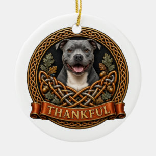 Thankful Pit Bull Celtic Knot Thanksgiving Ceramic Tree Decoration