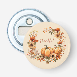 Thankful Pumpkin and Autumn Flowers Wreath Bottle Opener