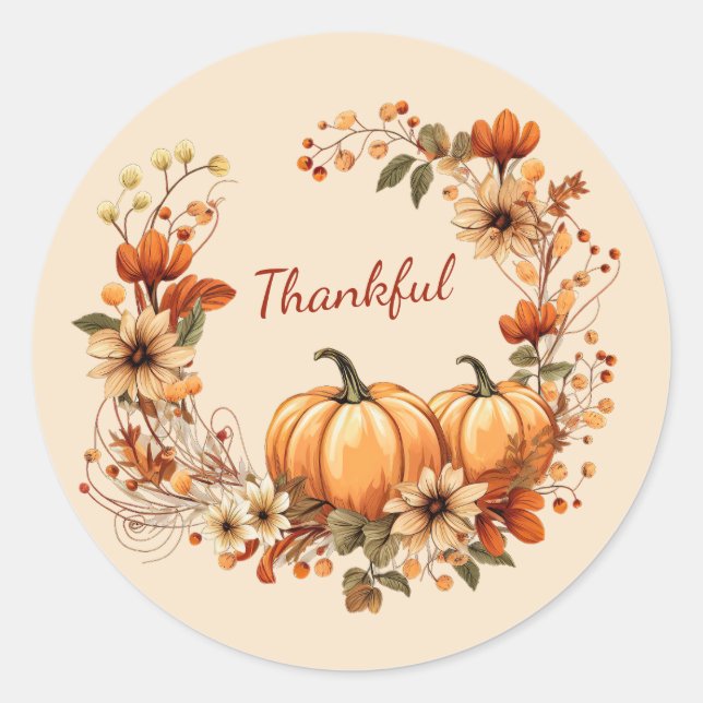 Thankful Pumpkin and Autumn Flowers Wreath Classic Round Sticker (Front)