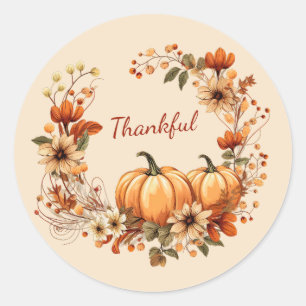 Thankful Pumpkin and Autumn Flowers Wreath Classic Round Sticker