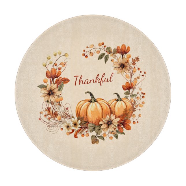 Thankful Pumpkin and Autumn Flowers Wreath Cutting Board (Front)