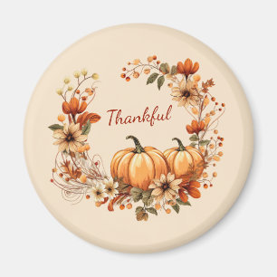 Thankful Pumpkin and Autumn Flowers Wreath Magnet