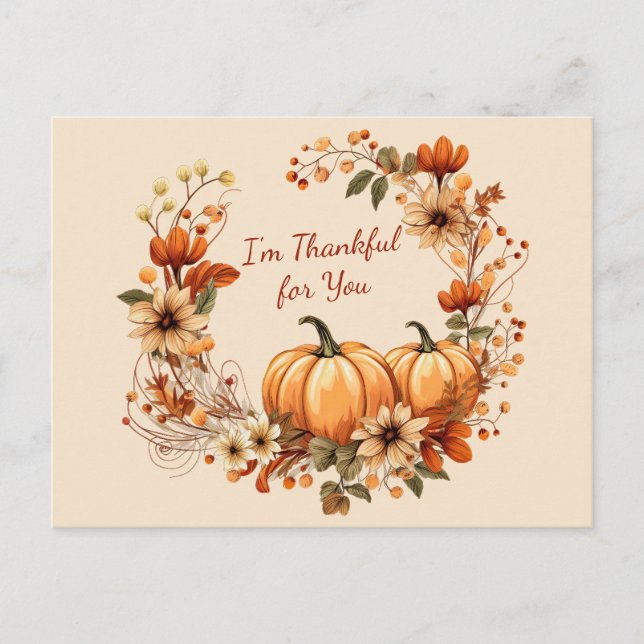 Thankful Pumpkin and Autumn Flowers Wreath Postcard (Front)