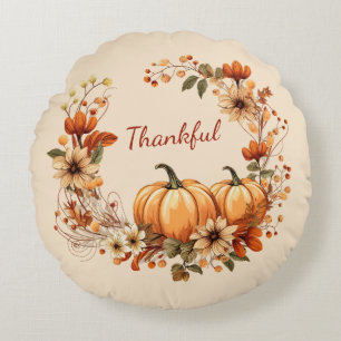 Thankful Pumpkin and Autumn Flowers Wreath Round Cushion