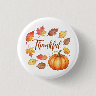 Thankful Pumpkin & Autumn Leaves 3 Cm Round Badge