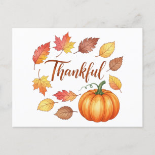 Thankful Pumpkin & Autumn Leaves  Holiday Postcard