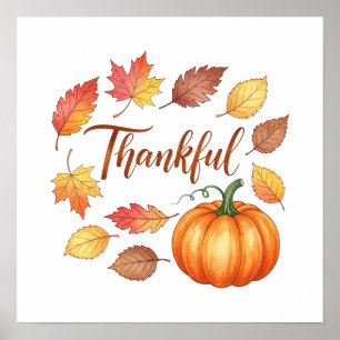 Thankful Pumpkin & Autumn Leaves Poster