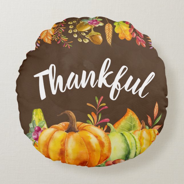 Thankful Pumpkins and Autumn Leaves Border Round Cushion (Front)