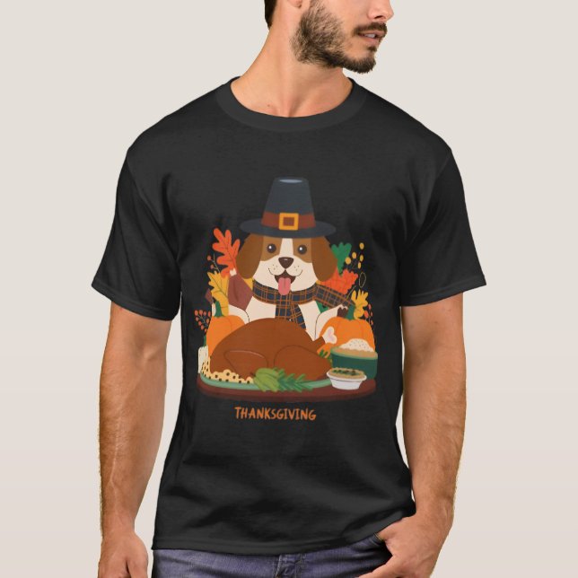 Thankful Pup with Feast - Thanksgiving Celebration T-Shirt (Front)