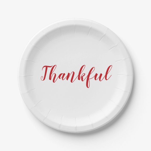 Thankful red and white script cute thanksgiving paper plate (Front)