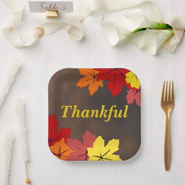 Thankful Red Orange Yellow Maple Tree Leaves Brown Paper Plate (Wedding)