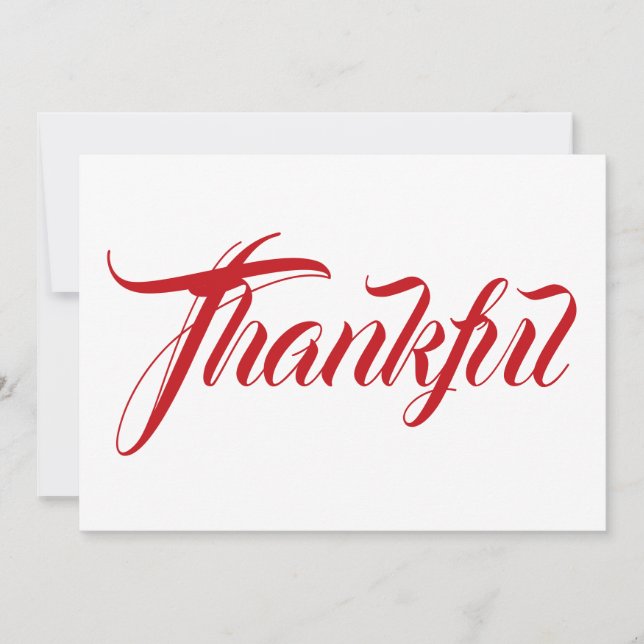 Thankful red white calligraphy thanksgiving card (Front)
