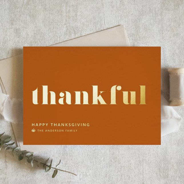 Thankful Retro Typography Orange Thanksgiving Foil Holiday Card (Creator Uploaded)