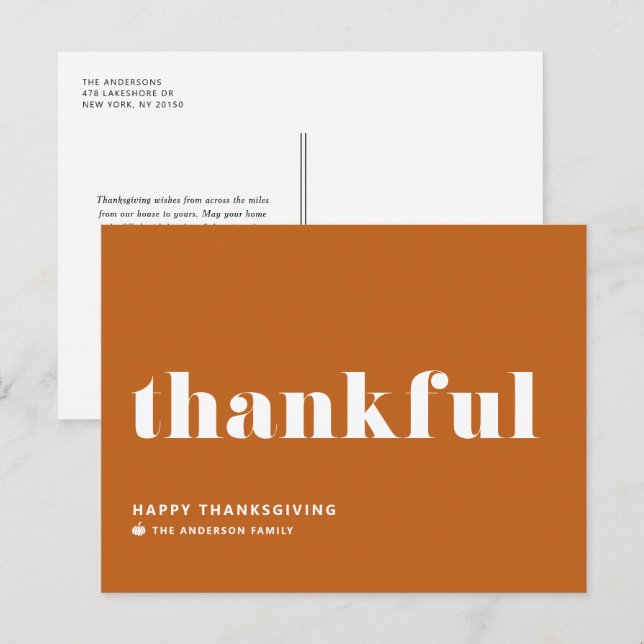 Thankful Retro Typography Orange Thanksgiving Holiday Postcard (Front/Back)