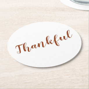 Thankful rust cinnamon white script thanksgiving round paper coaster