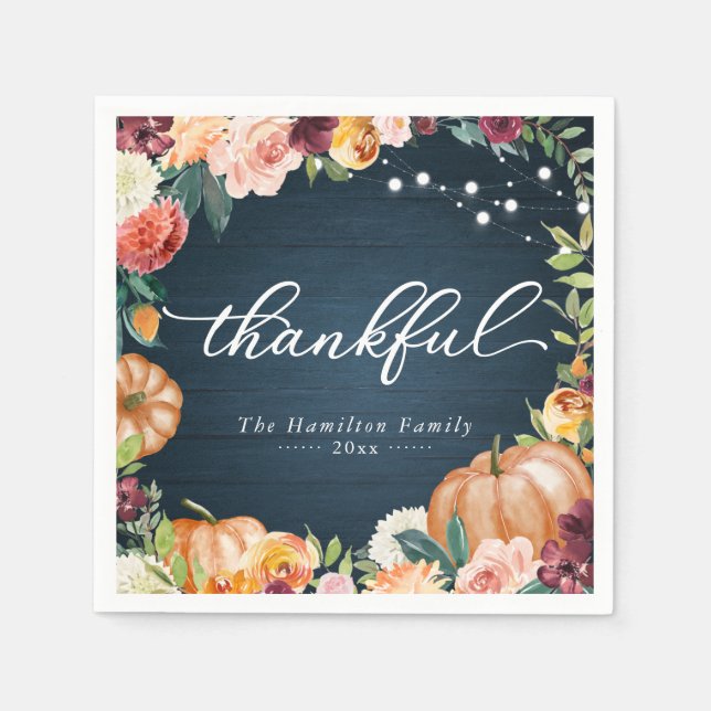 Thankful Rustic Fall Floral Thanksgiving Dinner Napkin (Front)