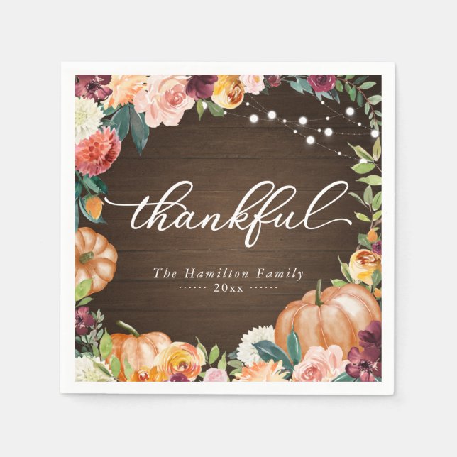 Thankful Rustic Fall Floral Thanksgiving Dinner Napkin (Front)