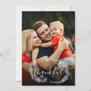 Thankful Rustic Floral Script Photo Thanksgiving Holiday Card