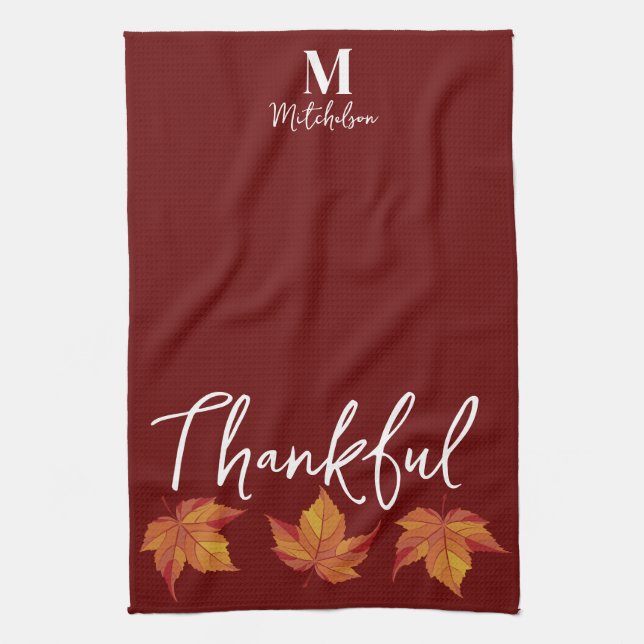 Thankful Rustic Orange Fall Leaves Tea Towel (Vertical)
