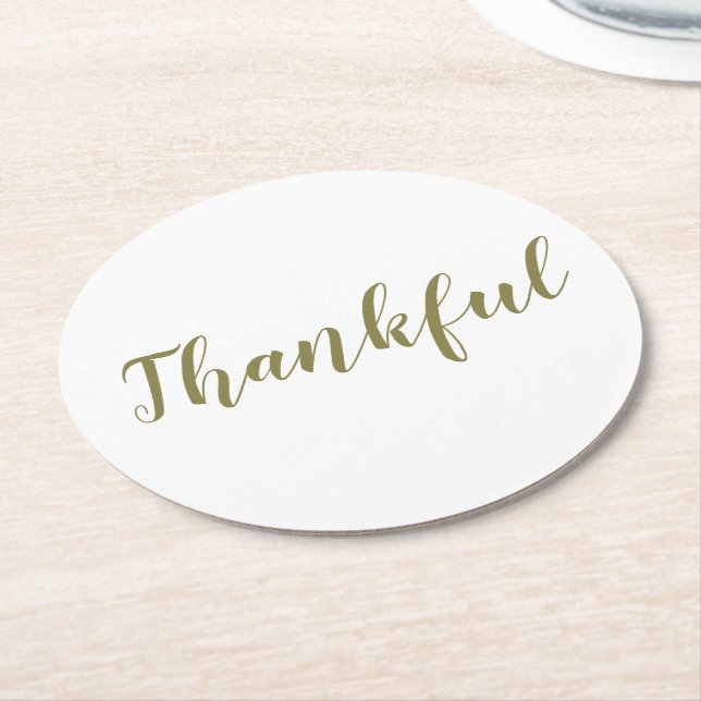 Thankful sage green modern script thanksgiving round paper coaster (Angled)