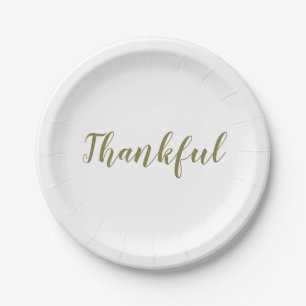 Thankful sage green white script cute thanksgiving paper plate