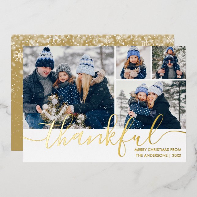 Thankful Script 4 Photo Christmas Gold Foil Holiday Card (Front/Back)