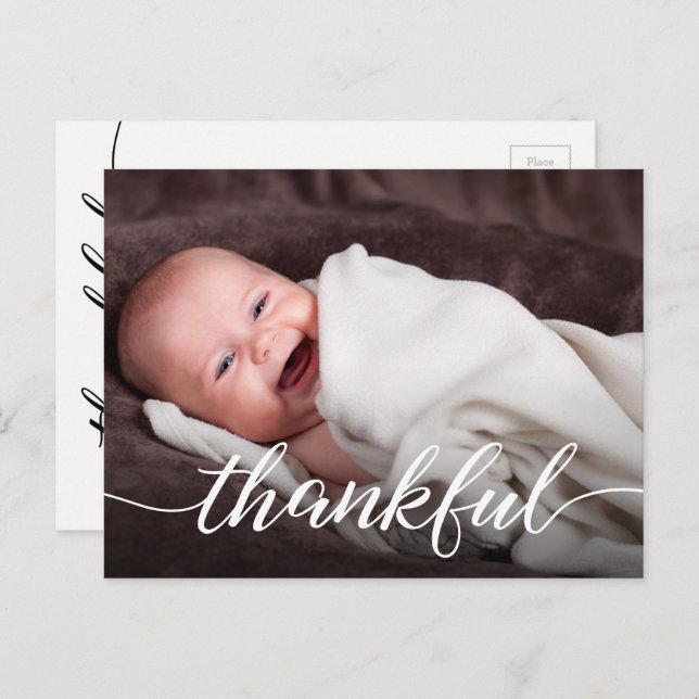 Thankful Script Custom Photo Baby Thank You Birth Announcement Postcard (Front/Back)