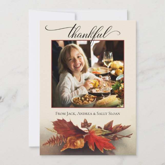 Thankful Script Fall Foliage Thanksgiving Photo Holiday Card (Front)