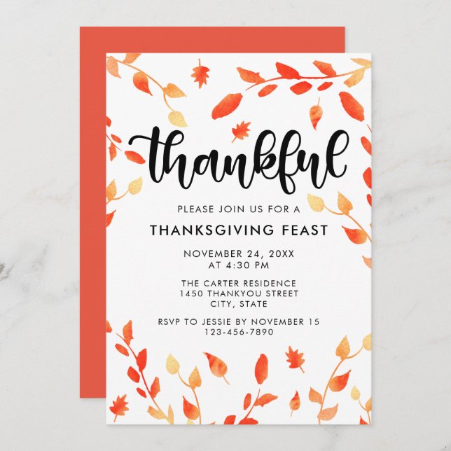 Thankful Script Fall Foliage Watercolor Leaves Invitation (Front/Back)