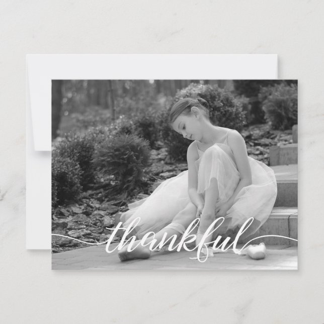 Thankful Script, Personalised Ballet black photo Thank You Card (Front)