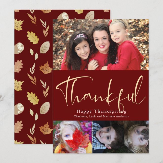 Thankful Script Thanksgiving 3 Photo Collage Card (Front/Back)
