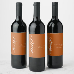 Thankful script Thanksgiving elegant burn orange Wine Label