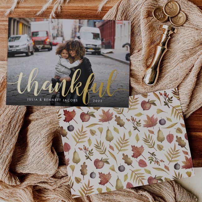 Thankful Script | Thanksgiving Photo Foil Holiday Card (Creator Uploaded)