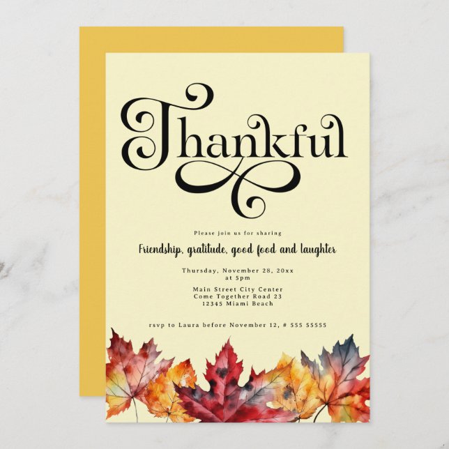 Thankful Script Watercolor leaves Yellow Mustard Invitation (Front/Back)